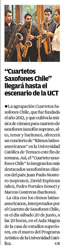 17-06-2015 Cuarteto saxofones Chile llegará hasta el escenario de la UCT