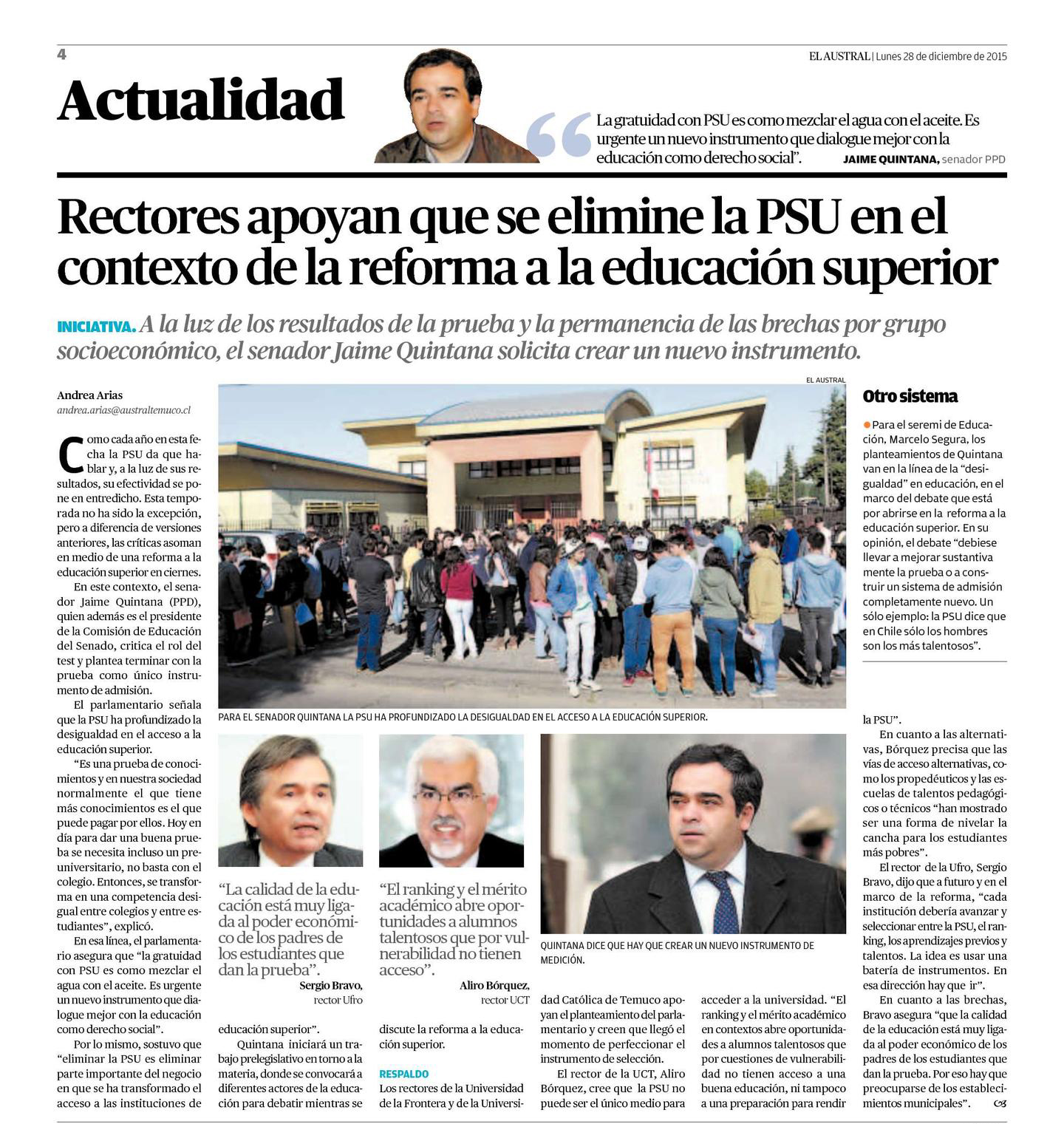28-12-2015 Rectores apoyan que se elimine la PSU
